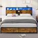 Bed Frame Hidden Storage Headboard 2-Tier Built-in LED Lights Metal