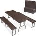 VINGLI Picnic Table Set with 2 Benches 6 Feet Camping Table Chair Set 3-Piece Folding Furniture for Indoor or Outdoor Use Rattan Patterned Tabletop Brown