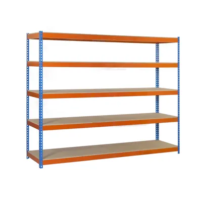 SimonRack Metallregal ohne Schrauben mit Simonforte 5 Regale. Blau/Orange/Holzfarbe 2500x1200x750 mm Image