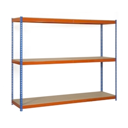 SimonRack Metallregal ohne Schrauben mit Simonforte 3 Regale. Blau/Orange/Holzfarbe 2000x1800x600 mm Image
