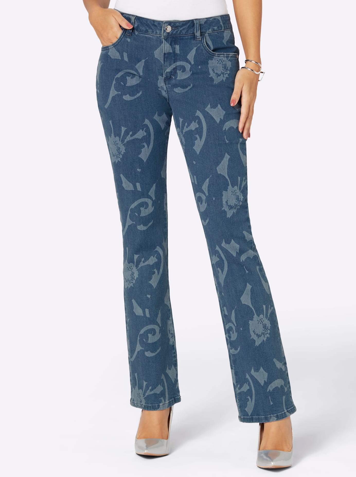 Bequeme Jeans CREATION L, Damen, Gr. 22, Kurzgrößen, blau (blau, bleached), 99% Baumwolle, 1% Elasthan, gemustert, mehrfarbig, lang, Jeans Image