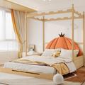 Lit gigogne d'enfant, cadre en bois de pin, naturel et orange (140 x 100 cm et 140 x 200 cm) OKWISH