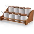 Set de 8 pots à épices avec couvercle et support bas en bois clair Tychés Blanc - Blanc