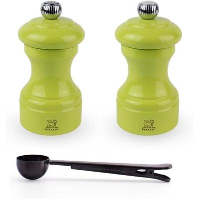 Peugeot Bistro Manual Salt & Pepper Mill Gift Set, Gloss Painted Wood, 10 cm - 4″- With Stainless Steel Spice Scoop/Bag Clip