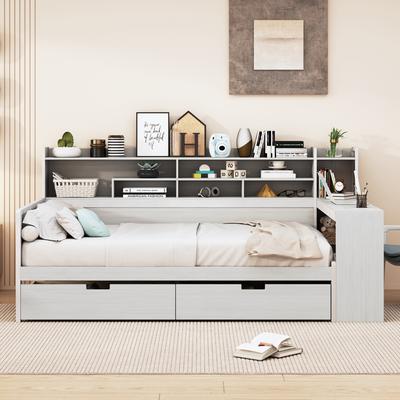 Wooden Full Size Daybed with Storage Shelves, Multi-functional Bed with Two Storage Drawers and Study Desk