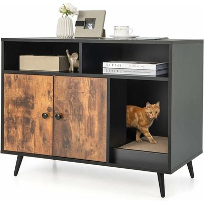Goplus - Katzenschrank aus Holz, Katzentoilette mit Doppeltüren, 2 Fächern & Kratzpad, Katzenklo Image