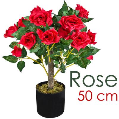 Decovego - Rose Rosenstock Rosenbusch Kunstpflanze Künstliche Pflanze mit Blüten Rot Echtholz 50 cm Image