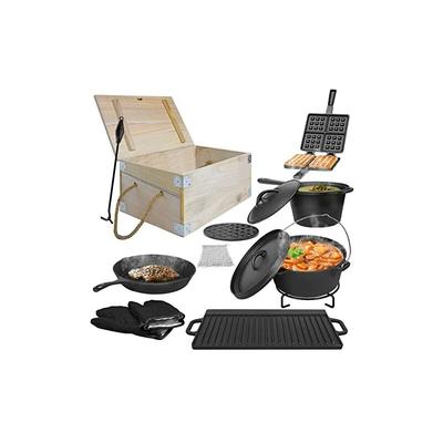 BBQ Dutch Oven, Grill Zubehör mit Grillplatte, Bratpfanne, Stieltopf, Waffeleisen Gusseisen,