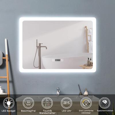 Acezanble - 80 x 60 cm led Spiegel+Beschlagfrei+Uhr+3 Lichtfarben Dimmbar+Farbtemperatur und