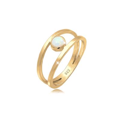 Fingerring ELLI "Bandring Zweireihig Synthetischer Opal Weiß 925 Sterling Silber" Gr. 54, gold, Fingerringe, Damen, 54mm,mit Steinen, Silber 925 (Sterlingsilber), 3mm Image