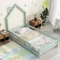 Size Floor Bed Wih Rails Monessori Floor Bed Wood Frame Wih House-Shaped Headboard Box Spring Needed For Kids eens Girls Boys (Ligh Green)