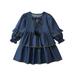 Wallarenear Little Girl Blue Ruched Dress Long Sleeve Tie-up A-Line Princess Party Dresses