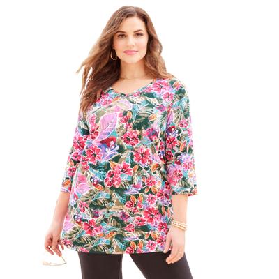 Plus Size Women's Suprema 3/4 Sleeve V-Neck Tee by Catherines in Multi Watercolor Floral (Size 2X)