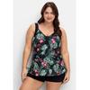 Tankini-Top SHEEGO "Große Größen", Damen, Gr. 48, Cup C, schwarz (schwarz gemustert), Polyamid, Xtra Life LYCRA, Bikini-Oberteile, mit Tropenprint und seitlicher Raffung
