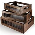 NAGAWOOD Wooden Nesting Countertop Baskets Set of 3 for Kitchen, Bathroom, Pantry,Wooden storage organizer For Fruit, Vegetables,Wooden Crate with handles,Decorative Walnut Wood and Metal Wire