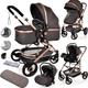 Baby Buggy Pram Pushchair 3 in 1 Child Lightweight Folding Stroller One Size Ffts All 3 in 1 Travel System Pram for Newborns & Toddlers 0-36 Months from Birth (Grey - Rose Gold Frame)