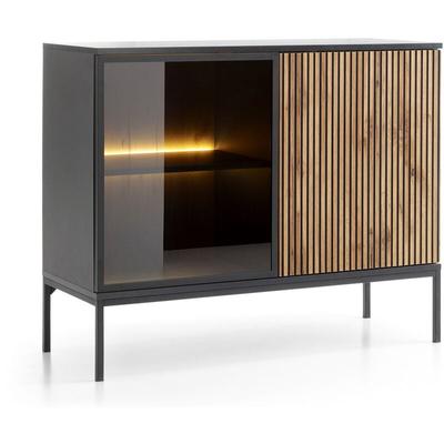 Sideboard 104 cm Haller - Kommode mit 2 Türen - LED-Beleuchtung, Holzbeinen, Lamellen - Loft Stil Image