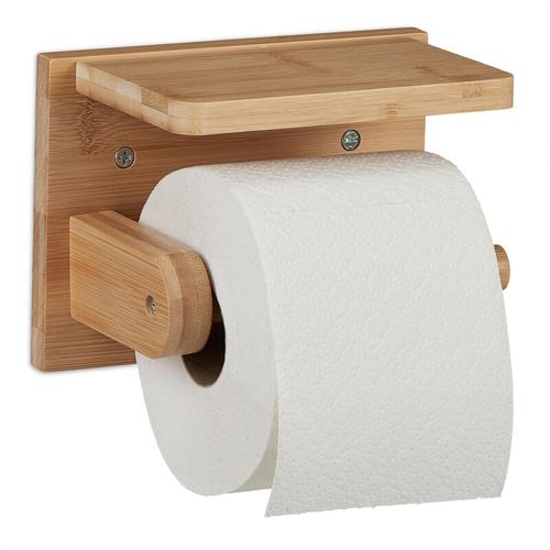 Toilettenpapierhalter mit Ablage, für Handy & Feuchttücher, Klopapierhalter Bambus, hbt: 12x16x10