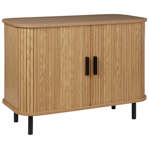 Sideboard Heller Holzfarbton MDF-Platte mit 2 Schiebetüren Lamellen-Optik Retro Mehrzweckschrank Schlafzimmer Wohnzimmer Esszimmer Ausstattung