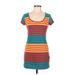 Derek Heart Casual Dress - Mini Scoop Neck Short sleeves: Teal Stripes Dresses - Women's Size Medium