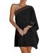 VBARHMQRT Female Denim Dress Summer Dress for Women One Shoulder Half Bat Sleeve Soild Lace Casual Dresses Loose Beach Mini Sun Dress Black Long Sleeve Dress Black Shawl for Evening Dresses