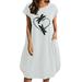 VBARHMQRT Summer Dresses Women Heart Printed Loose Short Sleeve Dress Women Summer Round Neck Dresses with Pocket Cotton Linen Knee Length Midi Sundress Spring Dresses for Wedding Guest Petite