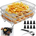 12Pcs Air Fryer Accessories 3 Layer Air Fryer Rack Stacking Air Fryer Grill Rack Stainless Steel Dehydrator Rack Rectangular with 8 Silicone Feet 1 Anti-Scald Clip for Double Basket Air Fryer Oven