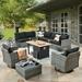 HOOOWOOO Outdoor Furniture Wicker 11-piece Sectional Set with Swivel Rocking Chair and Fire Pit Table Black