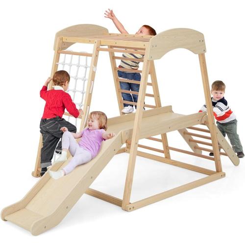6 en 1 Triangle d'escalade en Bois Enfants avec Toboggan & Zone Tampon, Aire de Jeu d'Escalade