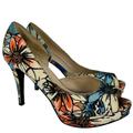 Nine West Shoes | Nine West Constance Fabric Floral Spring Peep-Toe Platform Pump Stiletto Size 10 | Color: Blue/Orange/Tan/White | Size: 10