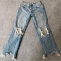 Free People Jeans | Free People Jeans Button Fly Cotton Fray Knee High Rise Distress Denim Women 25 | Color: Blue | Size: 25