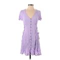 Forever 21 Casual Dress - Shirtdress V-Neck Short sleeves: Purple Solid Dresses - Women's Size Small
