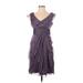 Adrianna Papell Cocktail Dress - Party V-Neck Short sleeves: Purple Solid Dresses - Women's Size 4 Petite