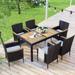 7-Piece Modern Patio Dining Set, Garden PE Rattan Wicker Dining Table Chairs Set Stackable Armrest Chairs with Cushions, Brown