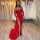 RFYR-Robe de Soirée Longue en Satin Rouge Plissée avec Fente Haute Sexy Forme Trapèze