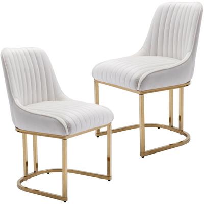 Esszimmerstühle für Küche/Wohnzimmer aus Samt, Stühle mit Lehne mit goldenem Metallbein, Weiß 2er Image