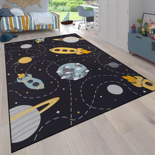 Paco Home - Teppich Kinderzimmer Kinderteppich Rutschfest Rakete Planet Sterne Grau Blau Gelb 160