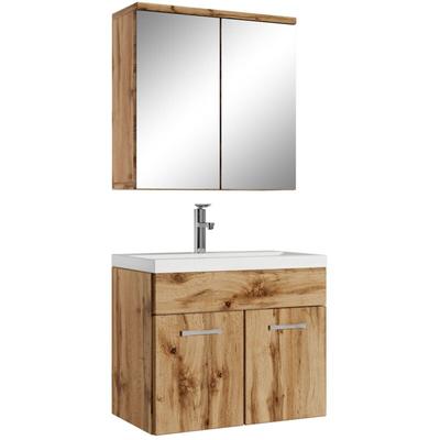 Badezimmer Badmöbel-Set Montreal 01 mit Spiegelschrank 60cm Waschbecken Eiche - Unterschrank