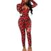 Tsseiatte Women Christmas Red Jumpsuits Snowflake Plaid Print Bobbles Deep V-Neck Zipper-Up Long Sleeve Long Rompers One-Piece Clothes