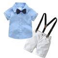 Elainilye Fashion Boys Formal Suits Outfit With Dress Shirt and Bowtie Summer Short Sleeve Shirt Strap Shorts Bowtie Four-piece Set Blue