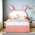 Zoomie Kids Alphonzo Upholstered Platform Bed w/ Rabbit-shaped LED Headboard & Trundle, Three Drawers Metal in Pink/Gray | Wayfair