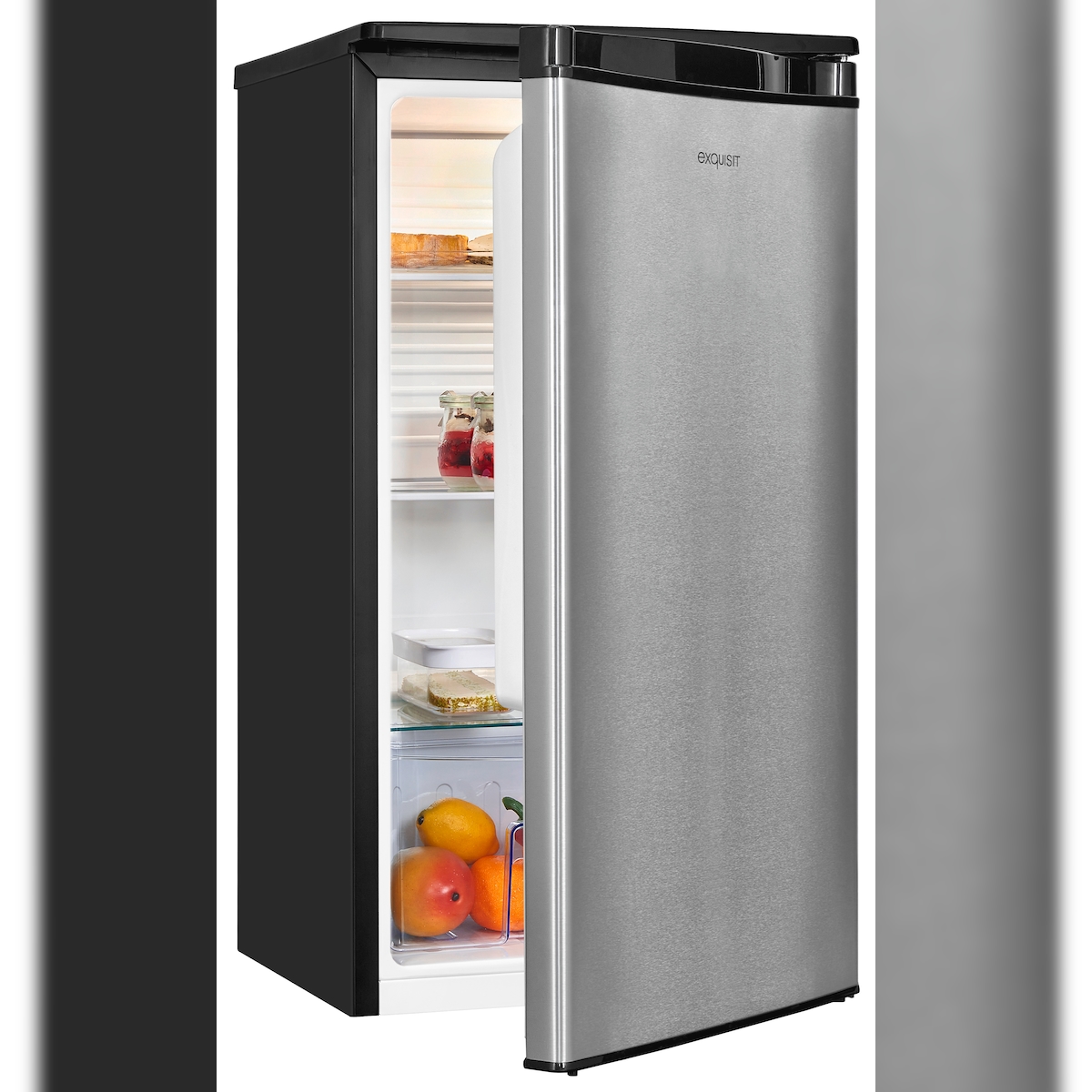 Exquisit Vollraumkühlschrank KS85-V-091E inoxlook | 75 l Nutzinhalt | Glasablagen | LED-Beleuchtung | Edelstahloptik Image