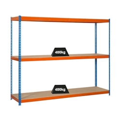 PROREGAL Schwerlastregal MID WOOD YETI THREE | HxBxT 150x150x45cm | Fachlast 400kg | Blau-Orange | Regal Standregal Werkstattregal Lagerregal Image