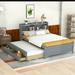 Full Size Bed with built-in USB ,Type-C Ports, LED light, Bookcase Headboard, Trundle and 3 Storage Drawers