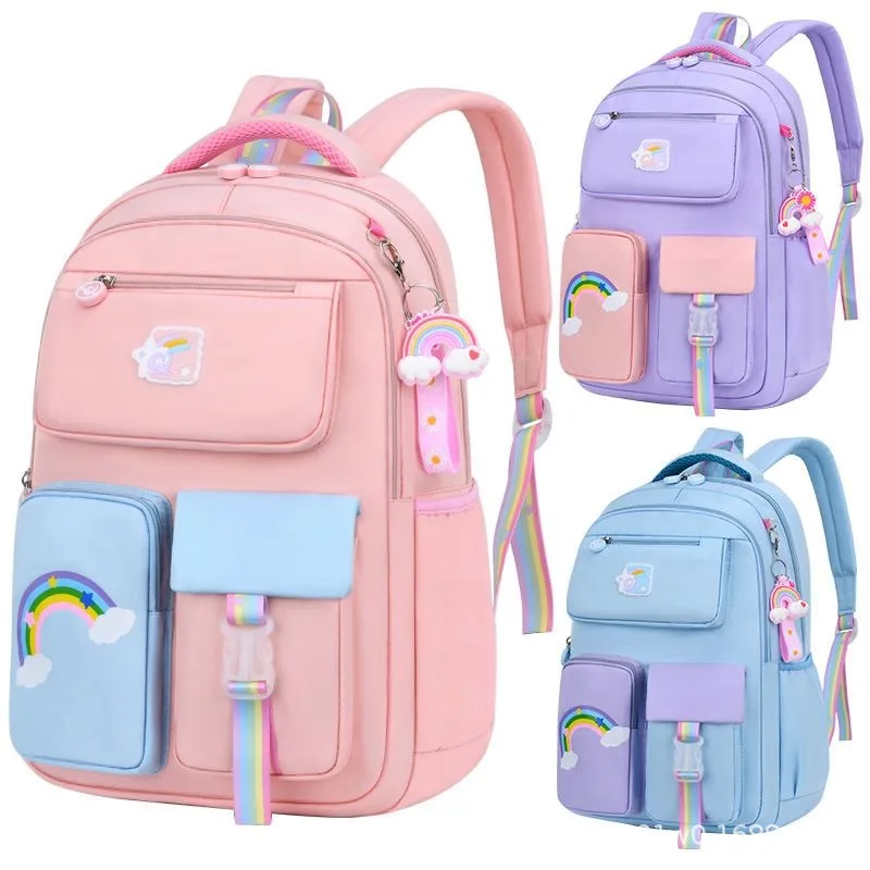 Sacs à dos pour enfants, couleur Macaron, cartable d'école pour filles, sac à dos pour adolescents, mignon sac d'école à pochette Multiple et pendentif arc-en-ciel