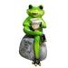 meijuhuga Animal Design Statuary Green Sitting Frog Drinking Coffee Stone Garden Statue for Home Decor
