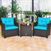 3-Piece Patio Set Outdoor Rattan Wicker Bistro Sofa Set Conversation with Cushion & Table