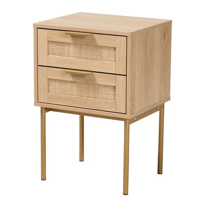 Dewitt Japandi Light Brown Finished Wood And Gold Metal 2-Drawer End Table by Baxton Studio in Light Brown