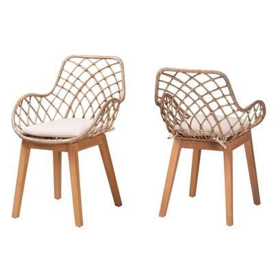 Ballerina Modern Bohemian Greywashed Rattan And Natural Brown Finished Wood 2-Piece Dining Chair Set by Baxton Studio in Grey Natural Brown