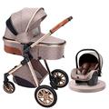 Baby Pram Stroller for Newborn, 3 in 1 Infant Pushchair Carriage Reversible Bassinet Reclining Strollers, High View Baby Strollers with 5-Point Harness, Rain Cover, Mosquito Net (Color : Khaki)